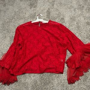 Red lace blouse with bellowed sleeves